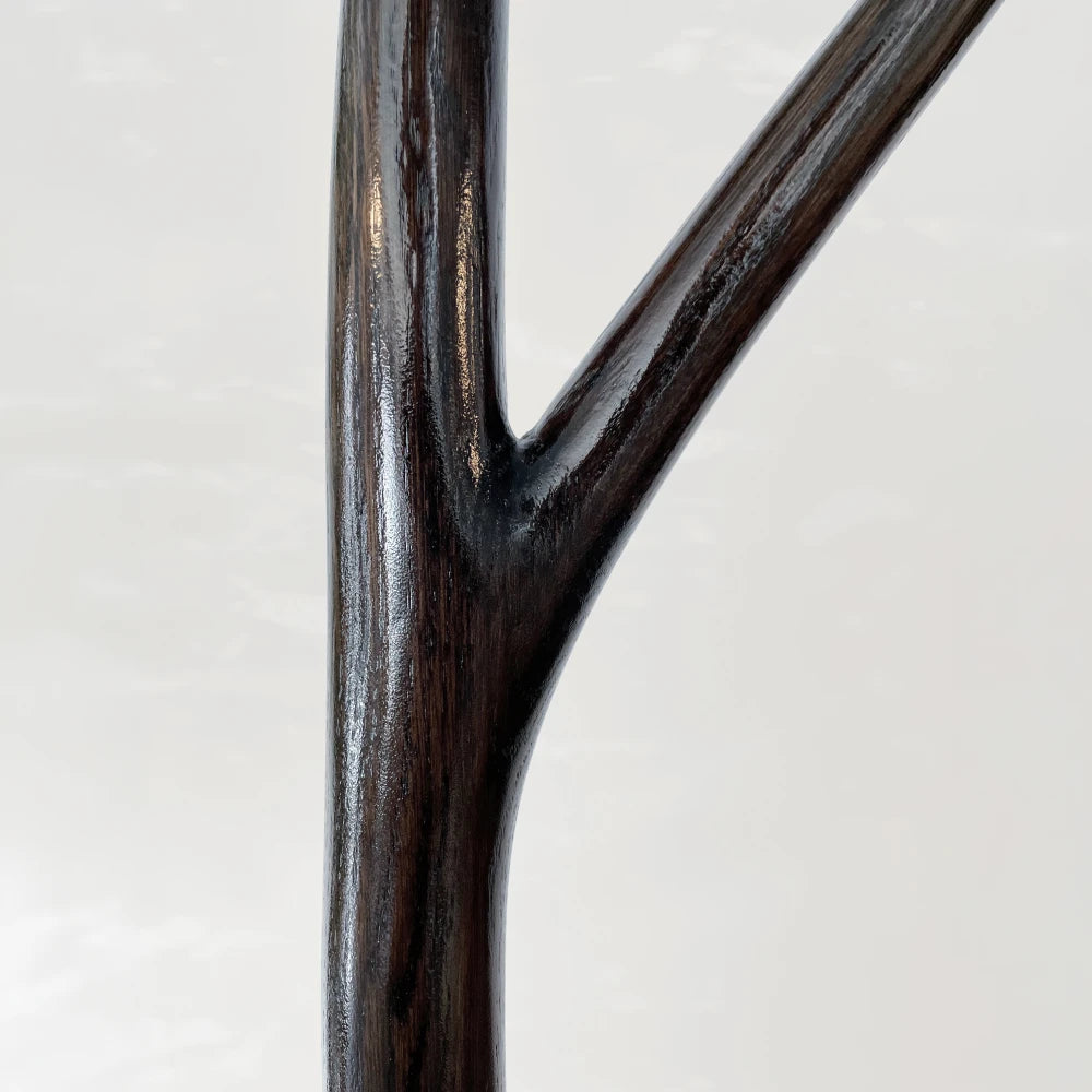 Detail of the dark glossy wood grain and curved branch of the Winter Tree coat stand by Antony Gasnier