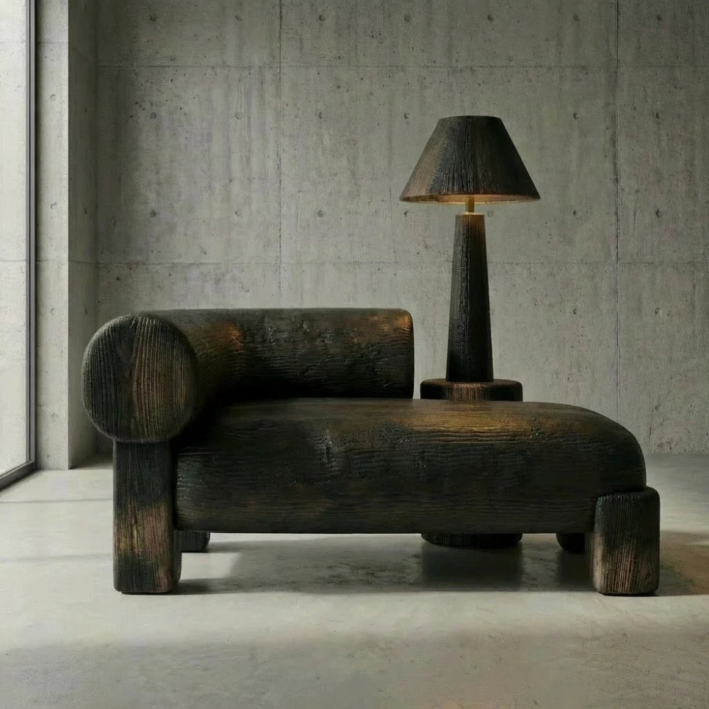Lamp Assise I sofa by Diamant Versatile, with dark wooden seating, rounded armrests and an integrated lamp.