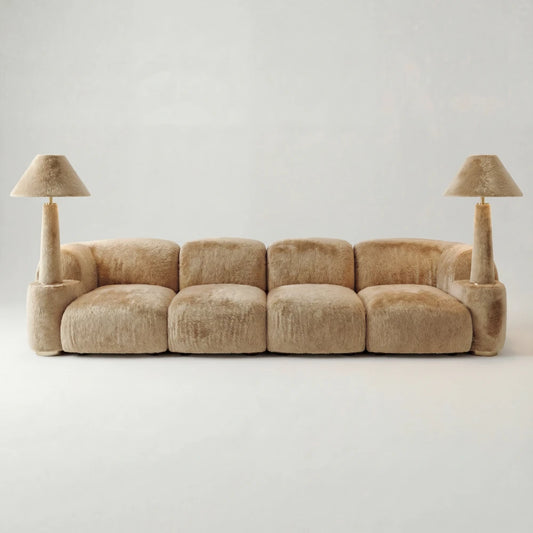 Front view of the Lamp Assise sofa by Diamant Versatile, with four cream upholstered seats and lamps at both ends.