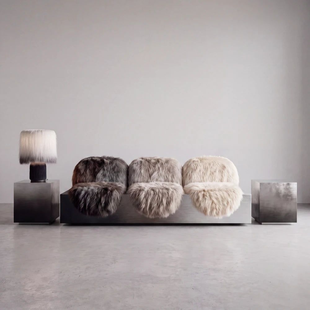 Front view of the Sans Poids Gradient sofa by Diamant Versatile, styled with metallic side tables and a matching gradient fur lamp.
