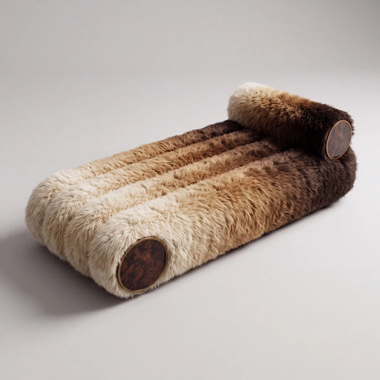 Three-quarter view of the Sediment daybed by Diamant Versatile, highlighting its layered channels, tonal fur upholstery and rounded sculptural form.