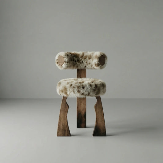Front view of the Solum dining chair by Diamant Versatile, with cylindrical shearling cushions and angular walnut legs.