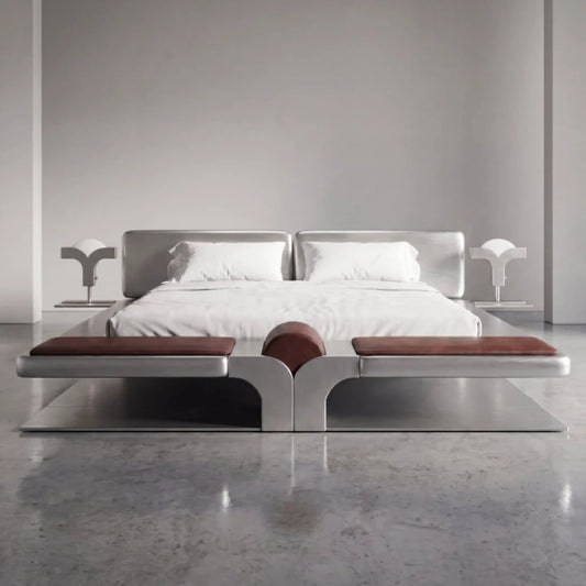 Front view of the Confluence bed by Diamant Versatile, featuring integrated side tables, white lamps and brown leather foot cushions.