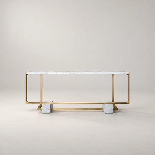 Front view of the B01 Bar by Eva Szumilas, with a white veined marble top, open gold-toned metal frame and two marble blocks at the base.