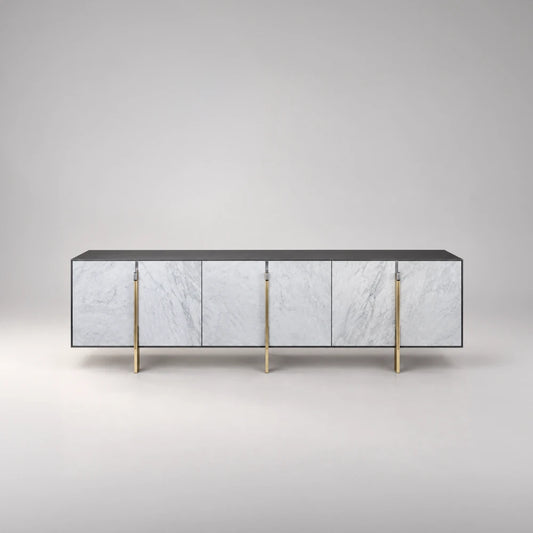 Front view of the C04 Sideboard by Eva Szumilas, showing six grey-veined white marble doors and three slender gold-toned vertical supports.
