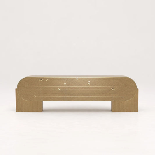 Front view of the oak C01 Sideboard from the X Collection by Eva Szumilas, with horizontal gold-toned inlays and arrow motifs across its rounded facade.