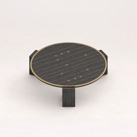 CT01 Coffee Table from the X Collection by Eva Szumilas in black wood, with a round top, gold-toned rim, linear inlays and three block legs.
