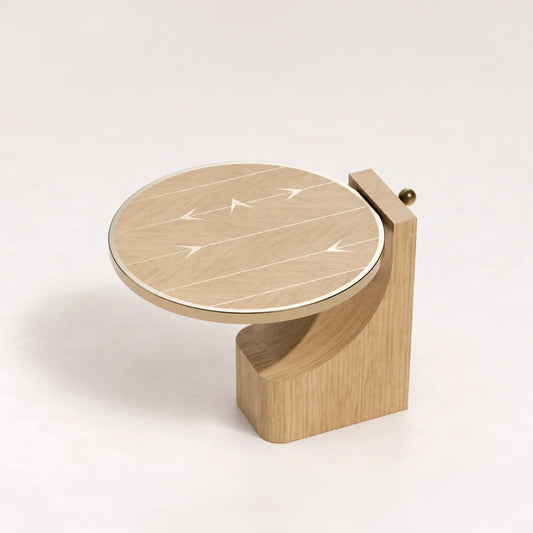 ST01 Side Table from the X Collection by Eva Szumilas in natural oak, with a round inlaid top, gold-toned rim and curved wooden base.