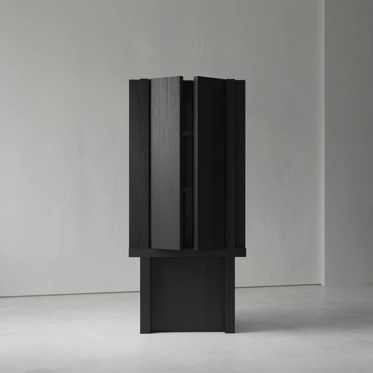 Isolated front view of the Itooraba Cabinet by Sizar Alexis, featuring partially opened doors, vertical panels and an architectural pedestal base.