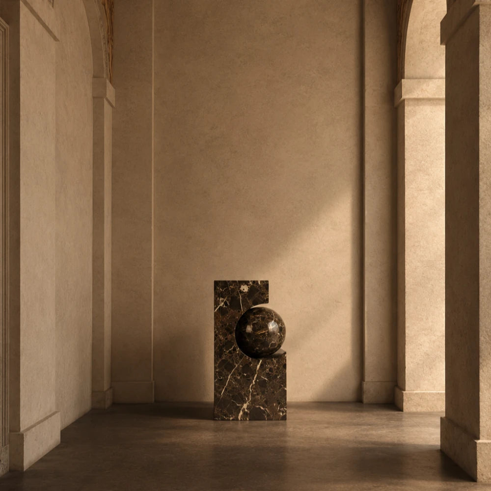 AM-01 pedestal in Emperador and dark marble by AMARE EDITIONS, styled in a warm architectural interior