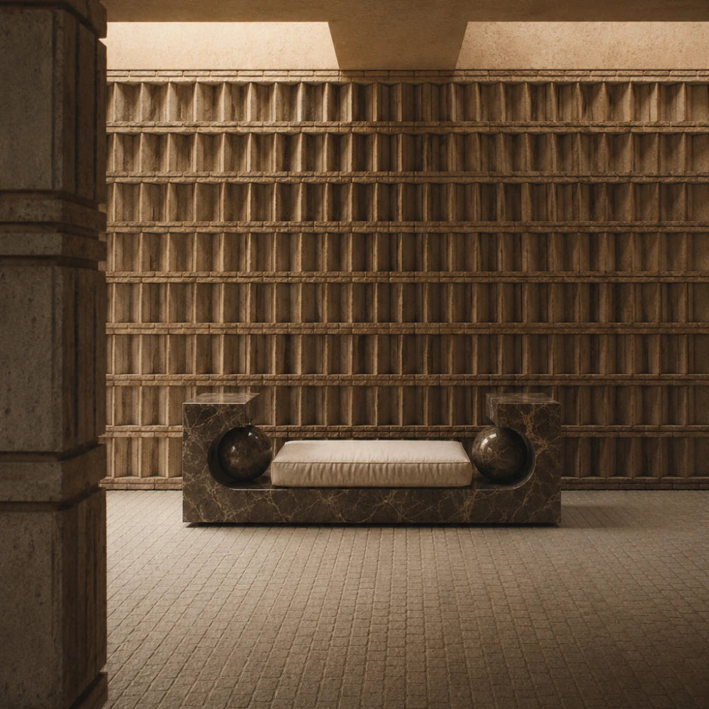 AM-02 bench in Emperador marble and off-white linen by AMARE EDITIONS, styled in an architectural interior