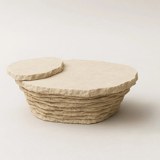 Aeon travertine coffee table by Andres Monnier with an organic top and stacked, irregular stone base.