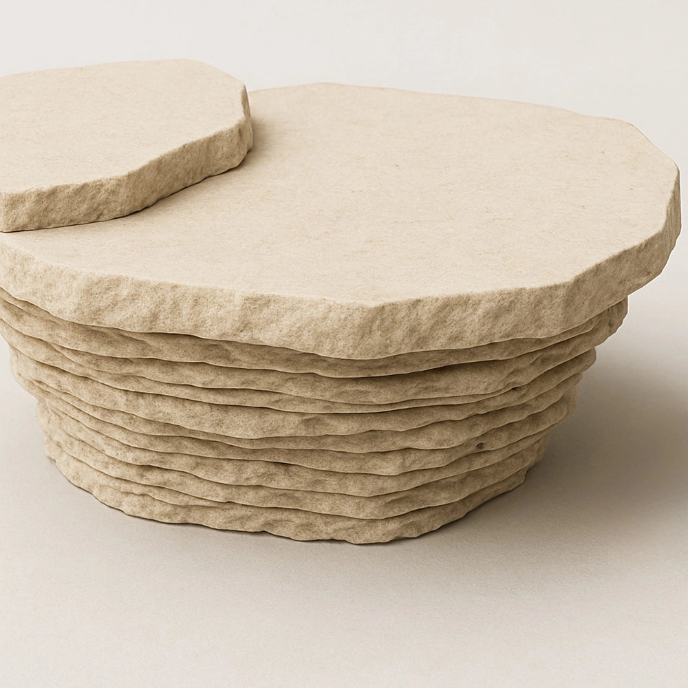 Close-up of the layered travertine edges and mineral texture of the Aeon Coffee Table.