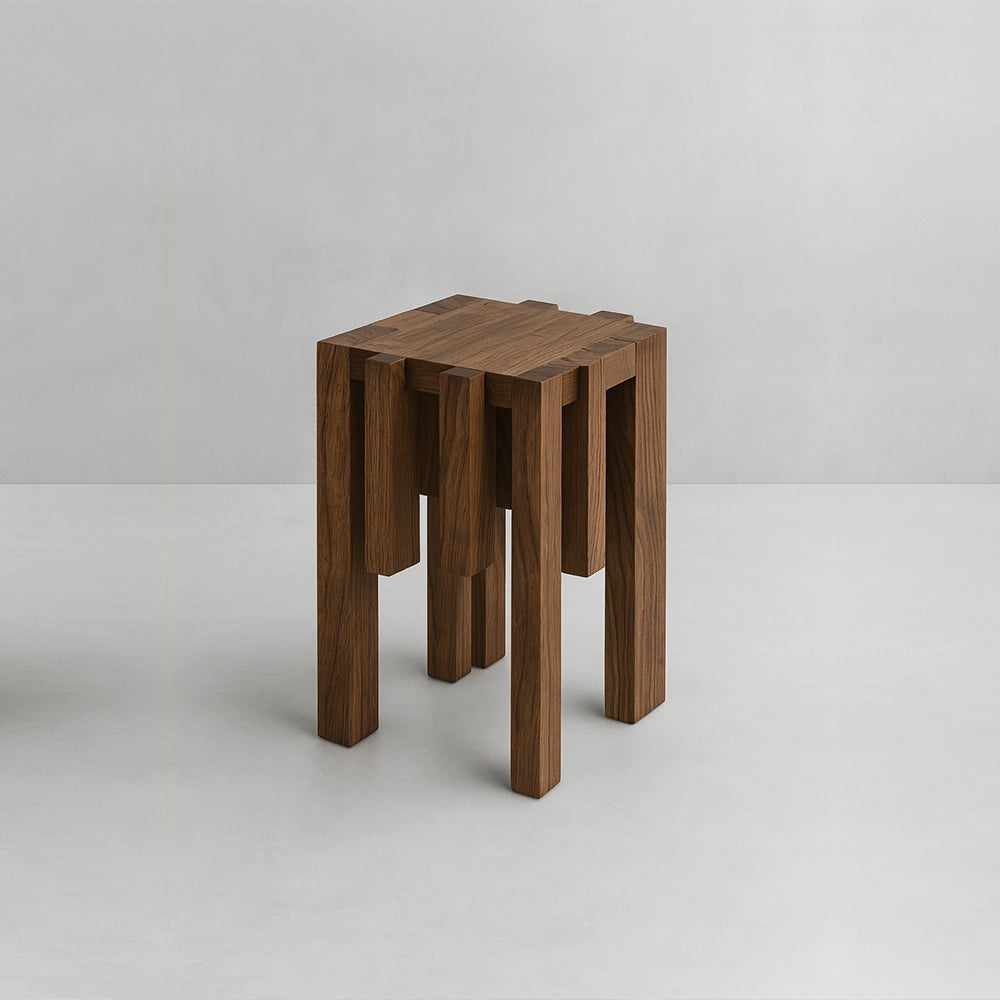 Ordo oak side table by Andres Monnier with a square top supported by repeated vertical elements.
