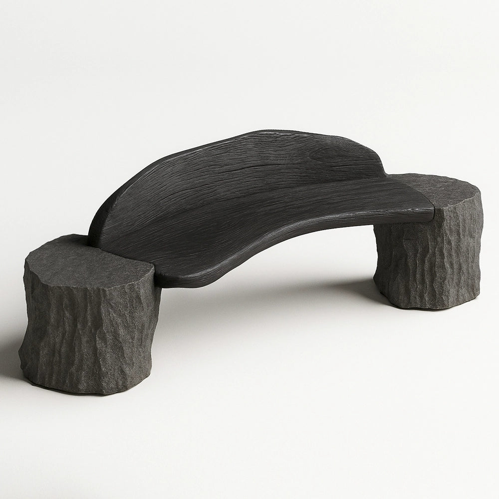 Silva bench by Andres Monnier with a curved walnut seat resting on two rough onyx supports.