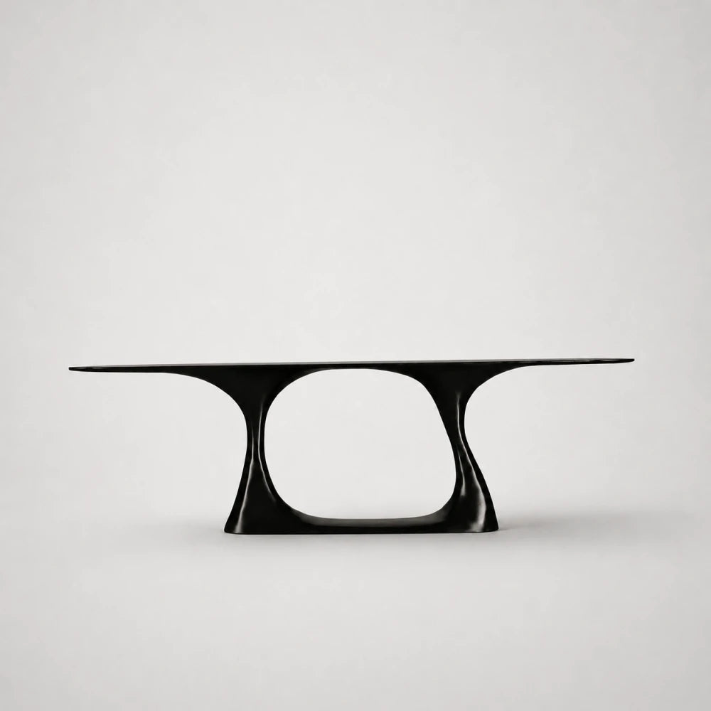 Invitation console hand-carved in high-gloss black beech by Antoine Maurice, with a large central opening