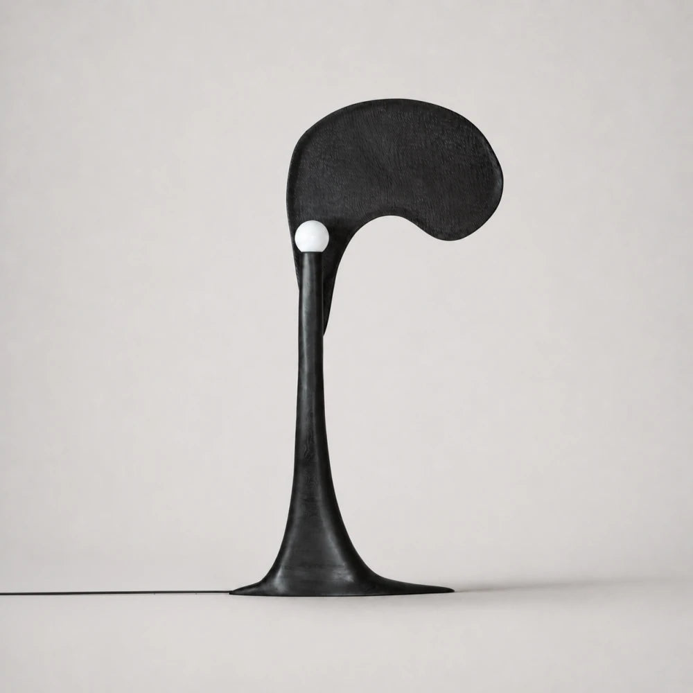 Spectre floor lamp hand-carved in high-gloss black solid oak by Antoine Maurice, with a white spherical light