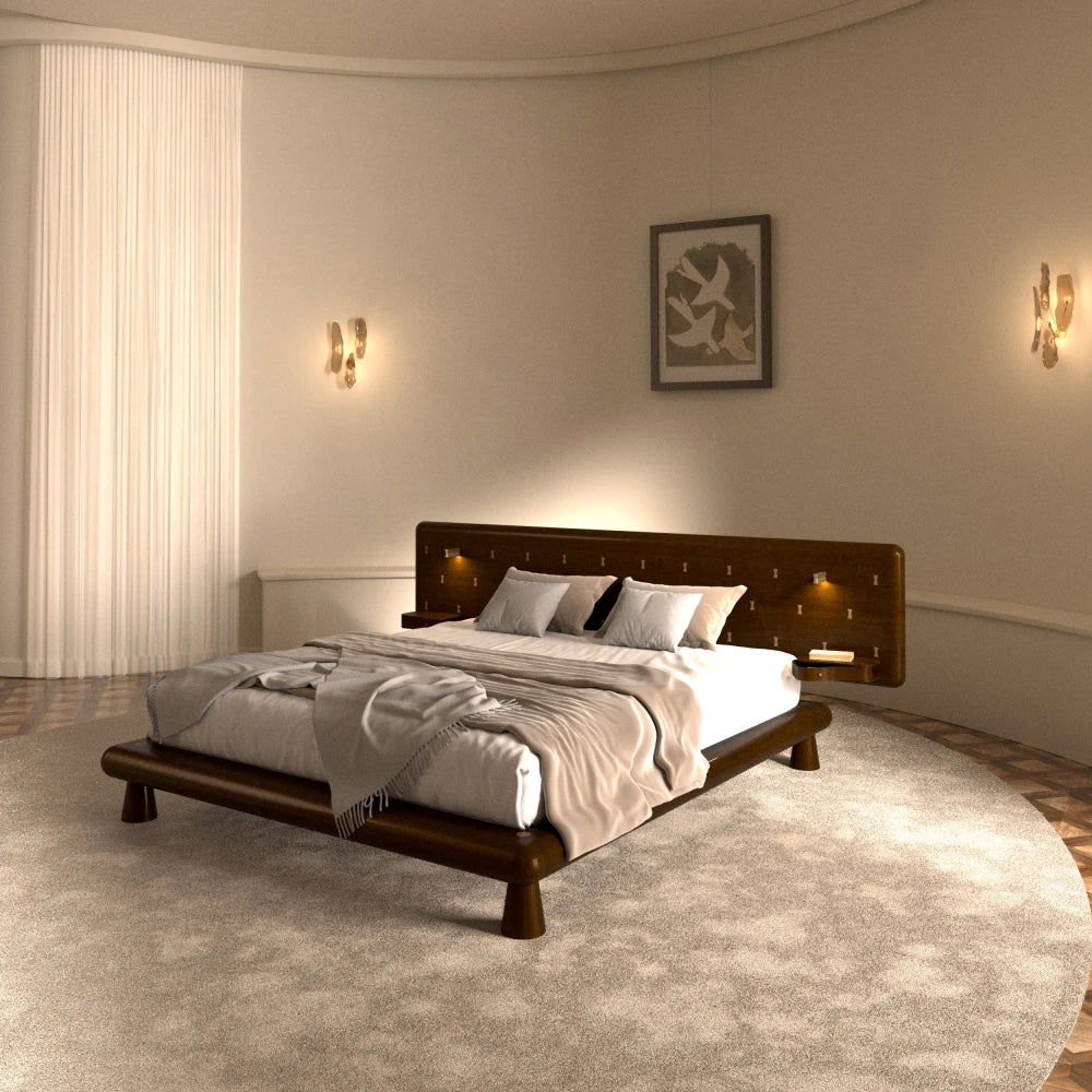Will Bed in dark wood by Antony Gasnier, displayed in an elegant bedroom with integrated bedside tables and reading lights