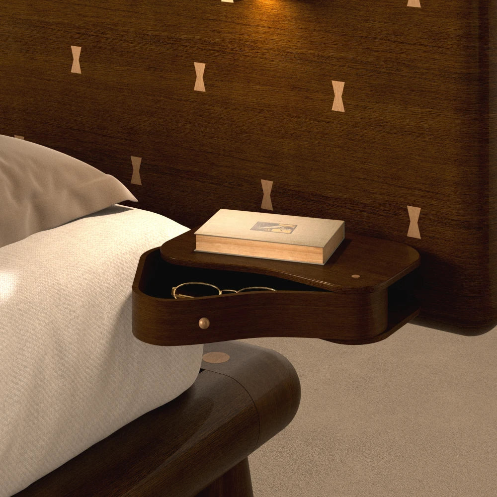 Close-up of the integrated bedside table, open drawer and bow-tie inlays of the Will Bed by Antony Gasnier