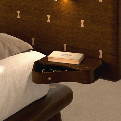 Close-up of the integrated bedside table, open drawer and bow-tie inlays of the Will Bed by Antony Gasnier