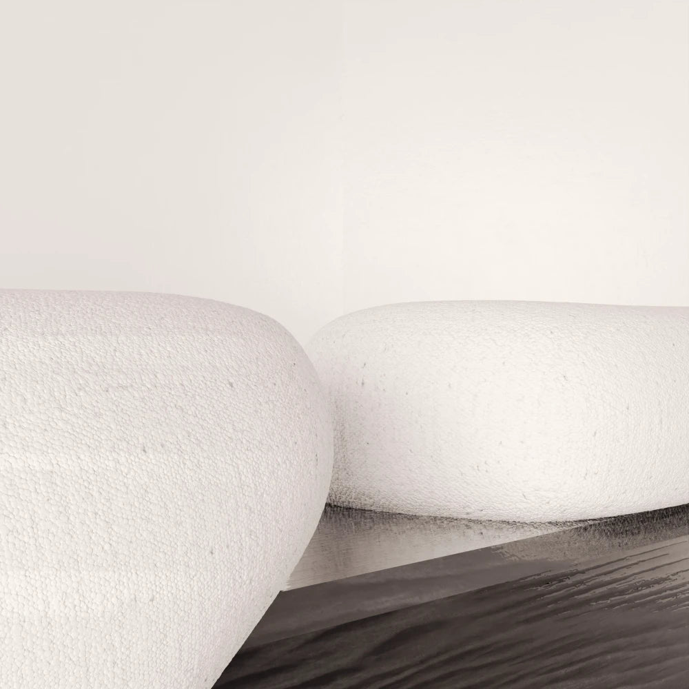 Close-up of the textured white upholstery and dark solid oak structure of the Winter Bench by Antony Gasnier