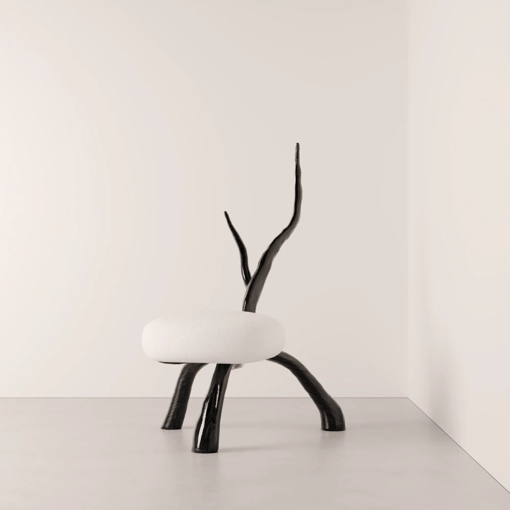 Winter Branch Chair in dark solid oak and white fabric by Antony Gasnier, front view highlighting its branch-shaped backrest