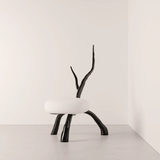 Winter Branch Chair in dark solid oak and white fabric by Antony Gasnier, front view highlighting its branch-shaped backrest