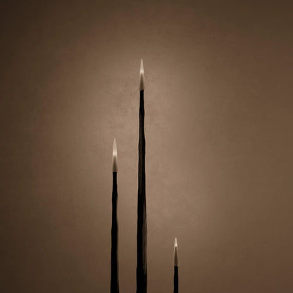 Close-up of the glowing tapered candles and sculpted black wood stems of the Winter Candle set by Antony Gasnier