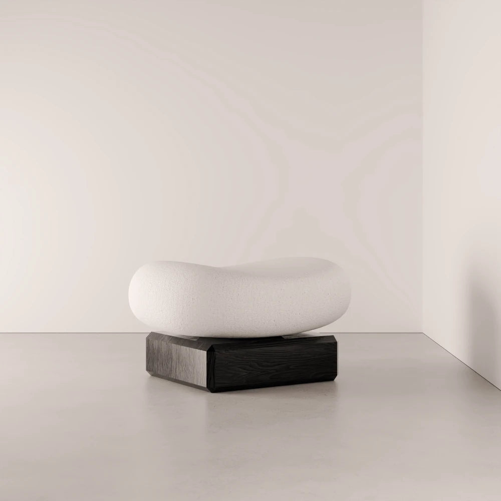 Winter Ottoman in dark solid oak and textured white fabric by Antony Gasnier, three-quarter view