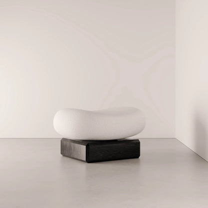 Winter Ottoman in dark solid oak and textured white fabric by Antony Gasnier, three-quarter view