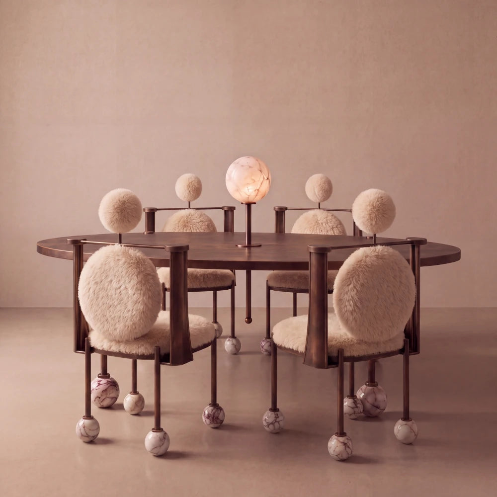 Ballet dining chairs by Diamant Versatile arranged around the matching table, with cream fur upholstery, bronze-toned frames and marble feet.
