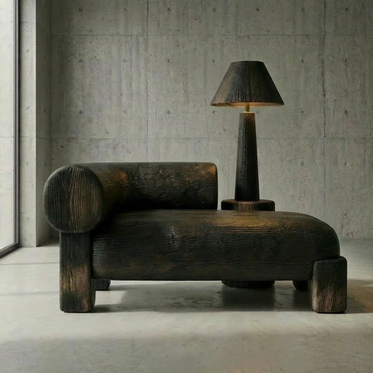 Lamp Assise I sofa by Diamant Versatile, with dark wooden seating, rounded armrests and an integrated lamp.