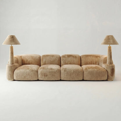 Front view of the Lamp Assise sofa by Diamant Versatile, with four cream upholstered seats and lamps at both ends.