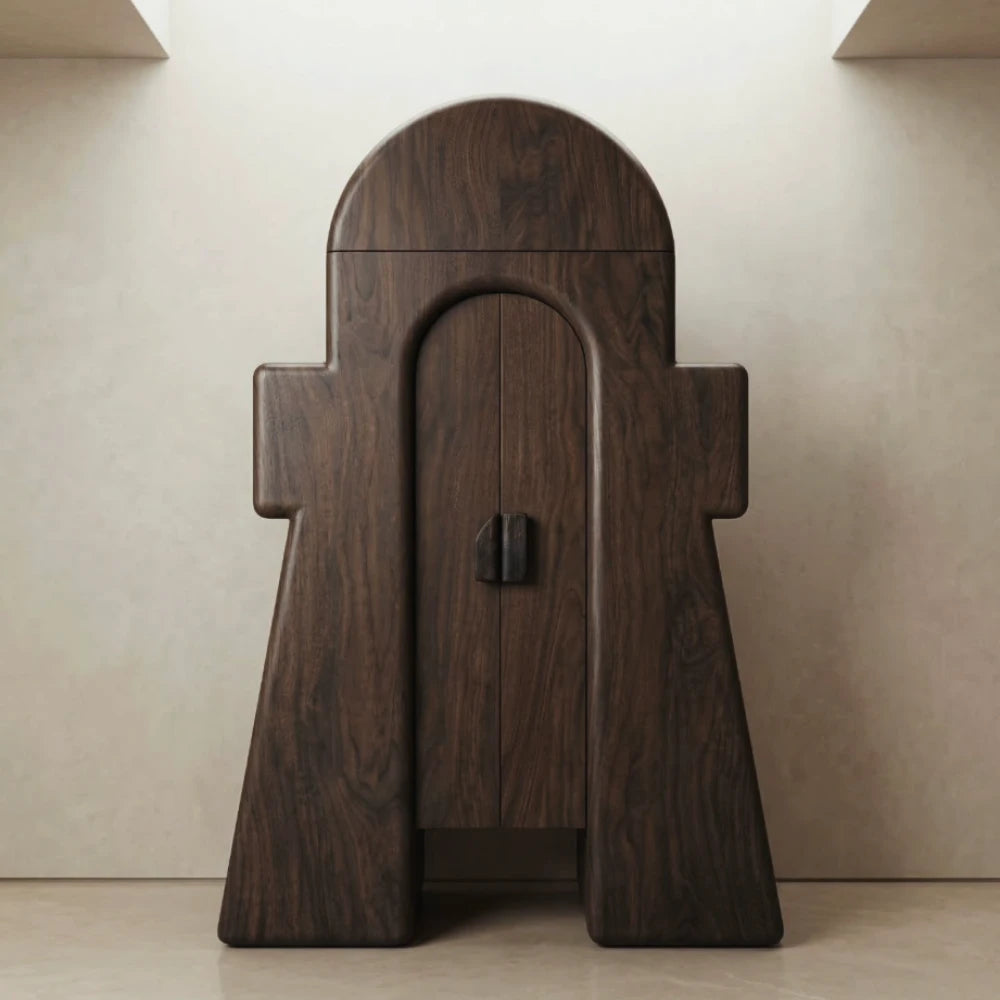 Front view of the closed Le Gardien cabinet by Diamant Versatile, featuring an arched silhouette and dark wood grain.