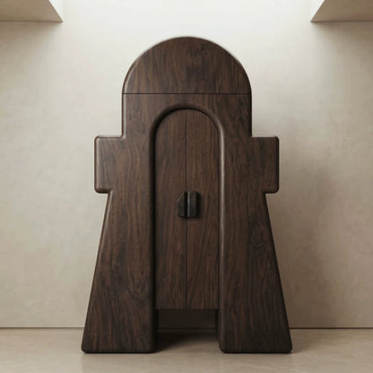 Front view of the closed Le Gardien cabinet by Diamant Versatile, featuring an arched silhouette and dark wood grain.