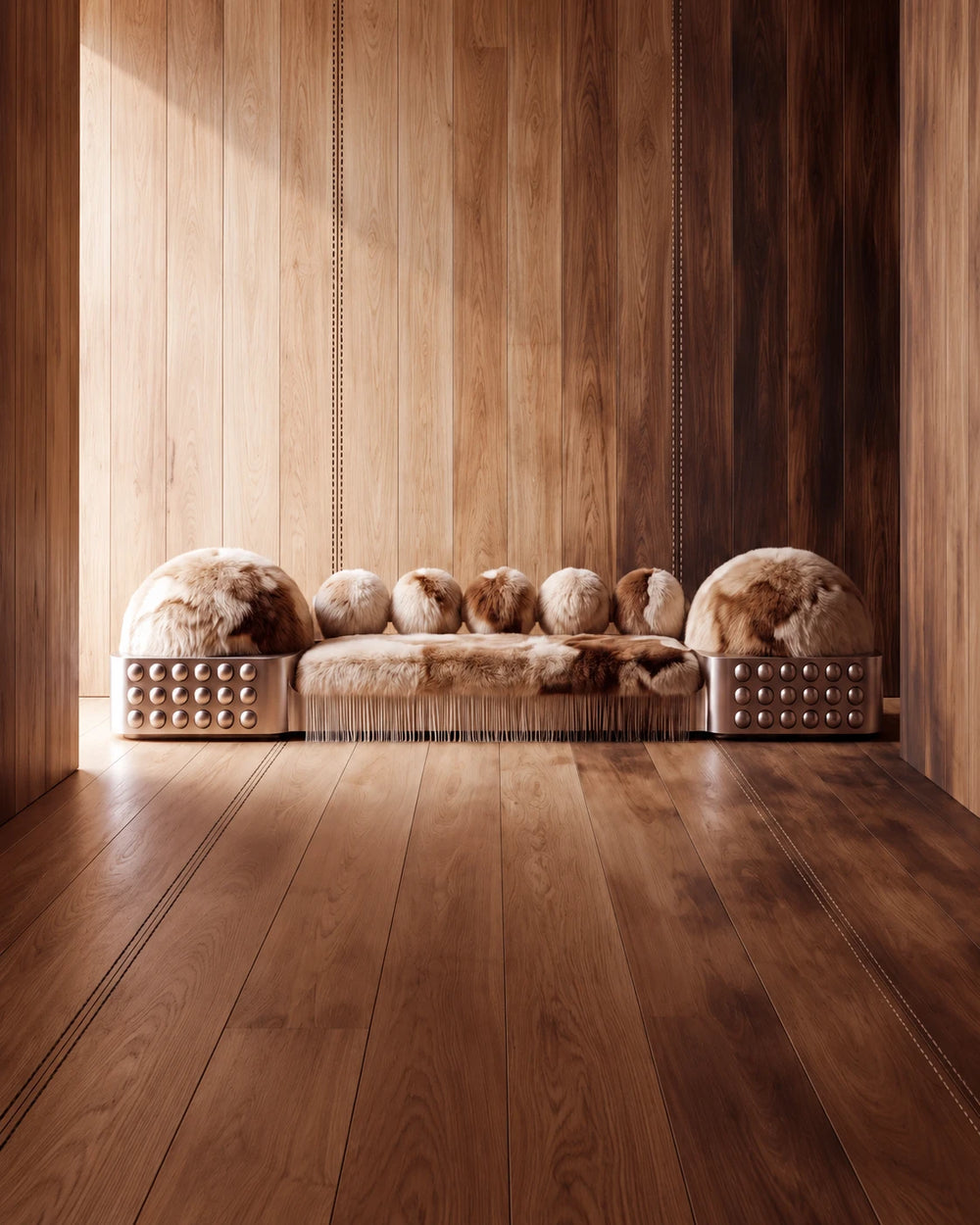 Moonage Sofa by Diamant Versatile, featuring brown and cream fur upholstery, spherical cushions, studded metallic sides and a fringed seat in a sunlit wood-panelled interior.