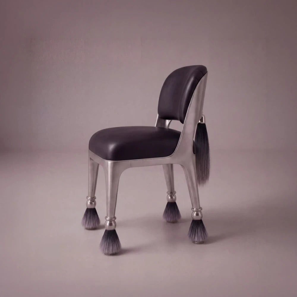 Three-quarter view of the Pompon dining chair by Diamant Versatile, with dark leather upholstery, a metal frame and decorative tassels.