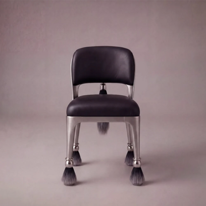 Front view of the Pompon dining chair by Diamant Versatile, featuring dark leather cushions and tassel-tipped metal legs.