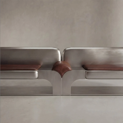 Front detail of the Confluence bench, highlighting its two seats, brown leather cushions and central upholstered element.