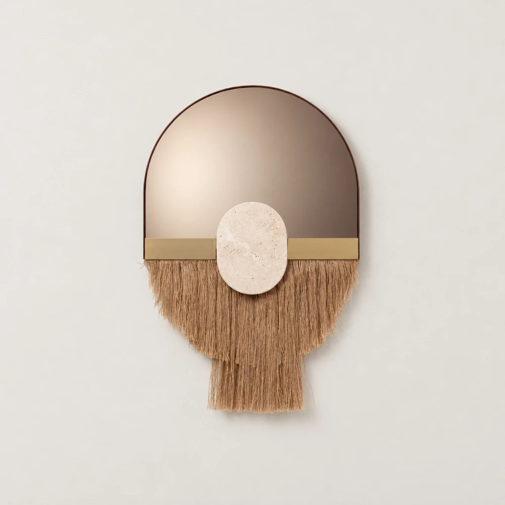 Souk Ecru Mirror by Dooq Details, with an arched bronze-toned mirror, oval stone ornament and curved tan fringe extending into a rectangular central panel.