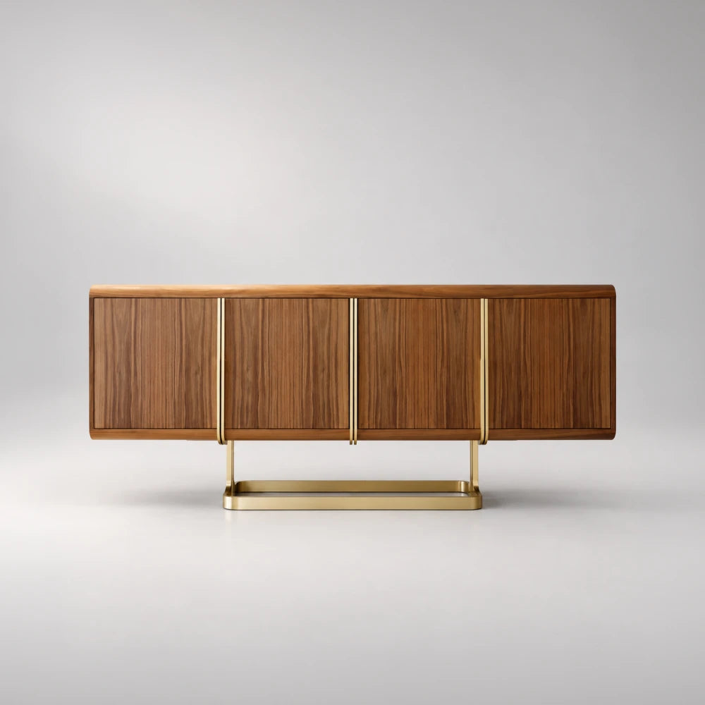 Front view of the C03 Sideboard by Eva Szumilas, with four wooden doors, slender gold-toned accents and an open rectangular metal base.