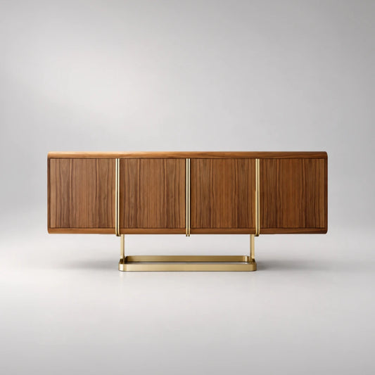 Front view of the C03 Sideboard by Eva Szumilas, with four wooden doors, slender gold-toned accents and an open rectangular metal base.