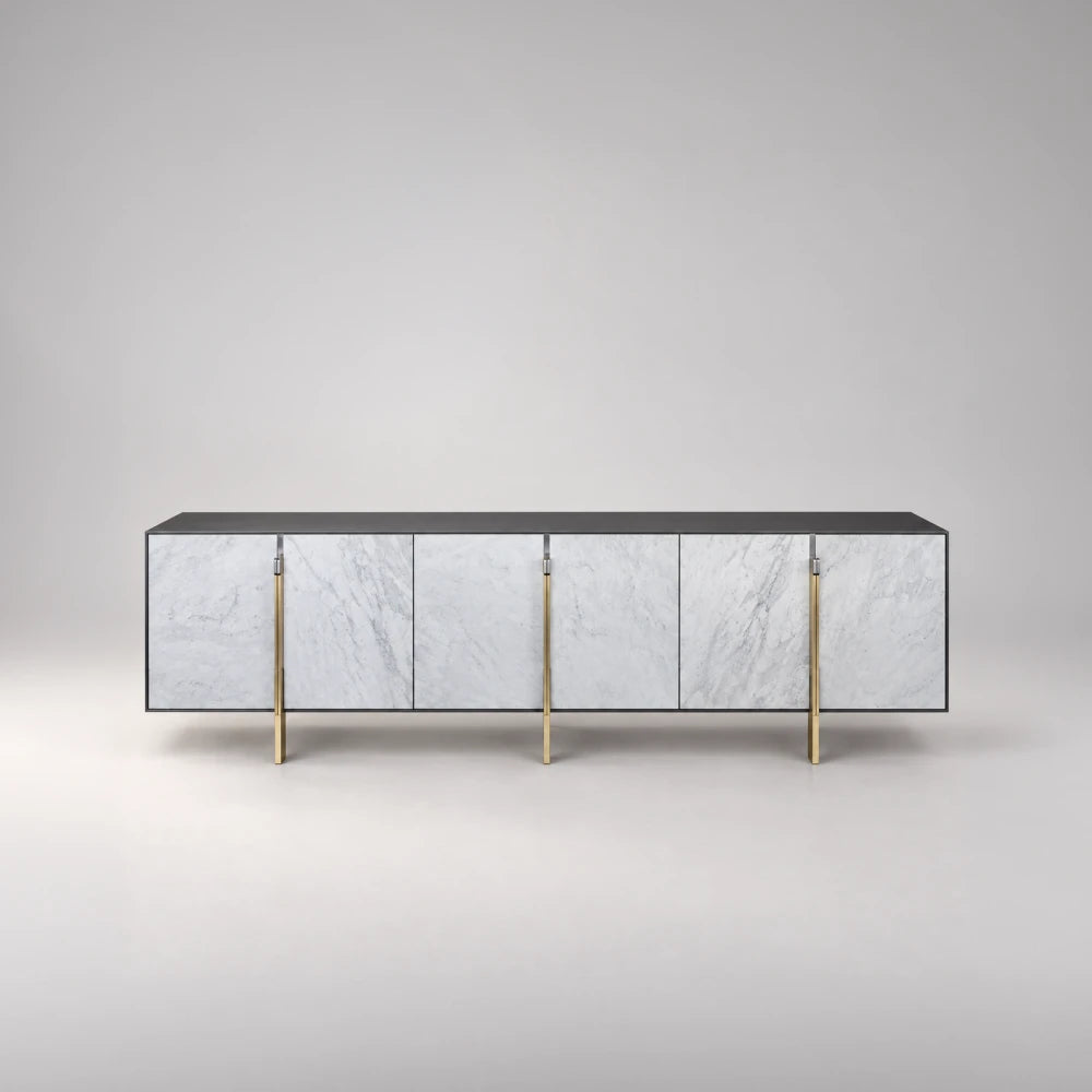 Front view of the C04 Sideboard by Eva Szumilas, showing six grey-veined white marble doors and three slender gold-toned vertical supports.