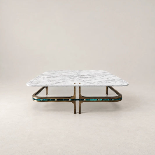 Front view of the CT01 Coffee Table by Eva Szumilas, with a white marble top, curved gold-toned frame and turquoise band around the base.