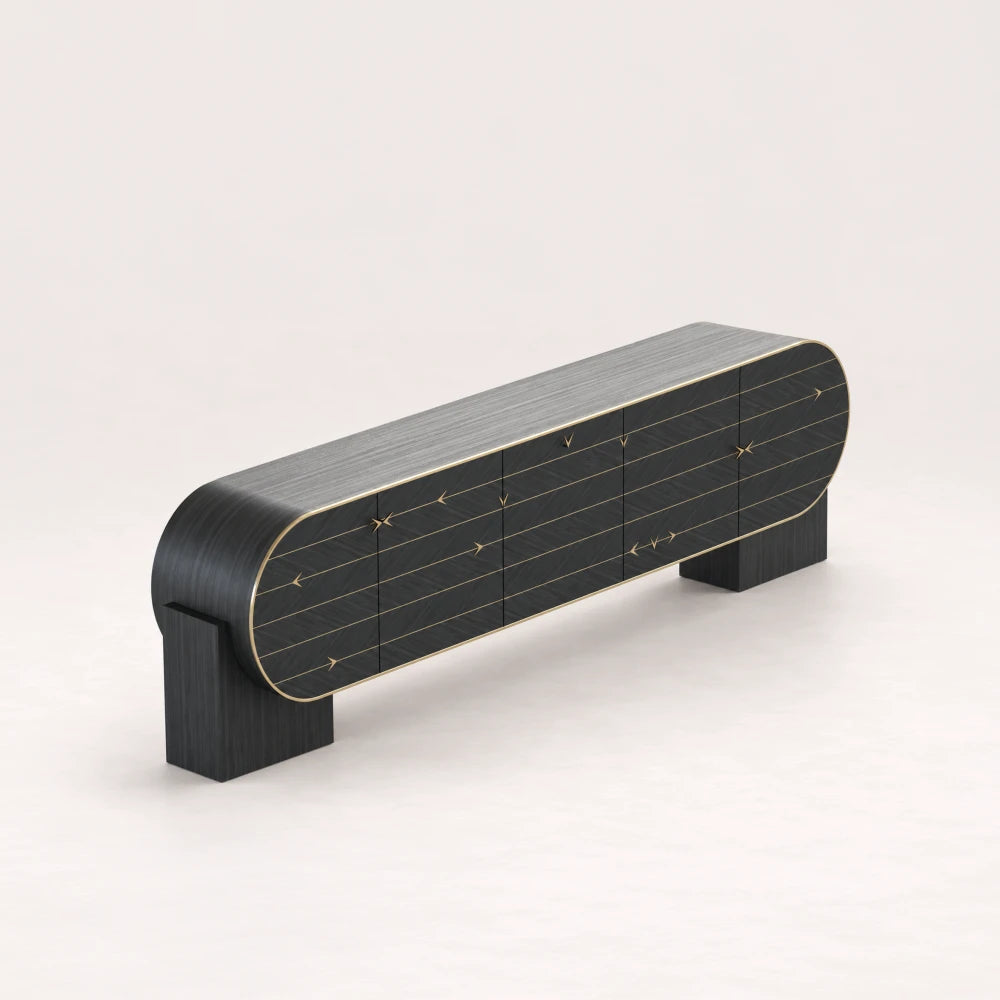 C01 Sideboard from the X Collection by Eva Szumilas in black, with rounded ends, gold-toned linear inlays, arrow-shaped details and two block supports.