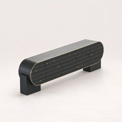 C01 Sideboard from the X Collection by Eva Szumilas in black, with rounded ends, gold-toned linear inlays, arrow-shaped details and two block supports.