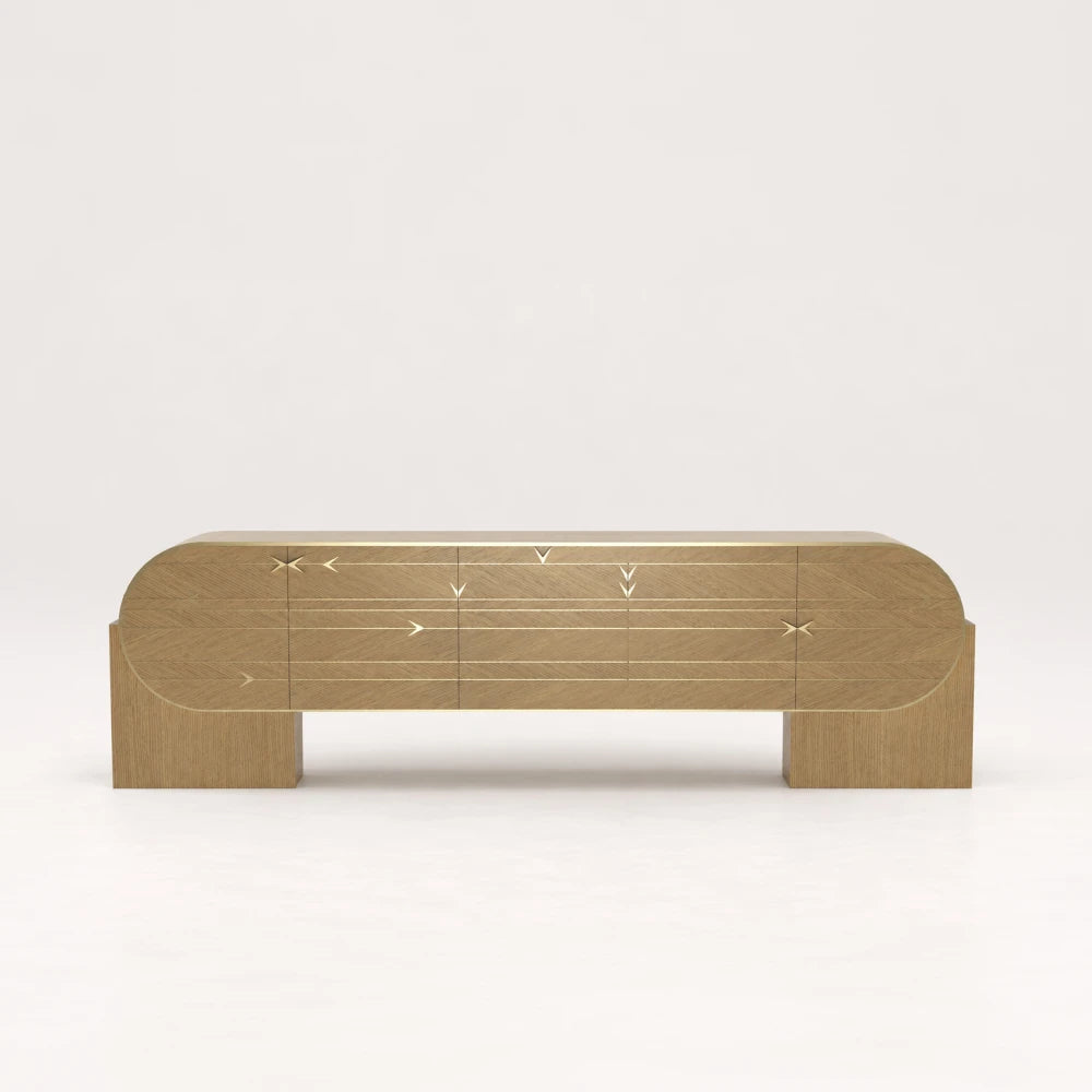 Front view of the oak C01 Sideboard from the X Collection by Eva Szumilas, with horizontal gold-toned inlays and arrow motifs across its rounded facade.