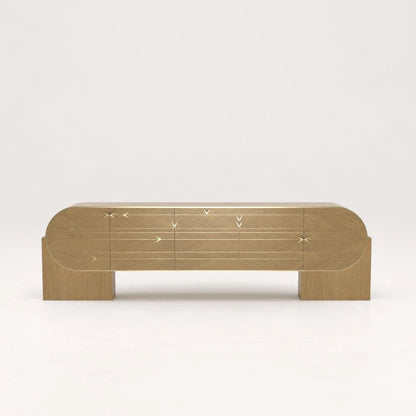 Front view of the oak C01 Sideboard from the X Collection by Eva Szumilas, with horizontal gold-toned inlays and arrow motifs across its rounded facade.