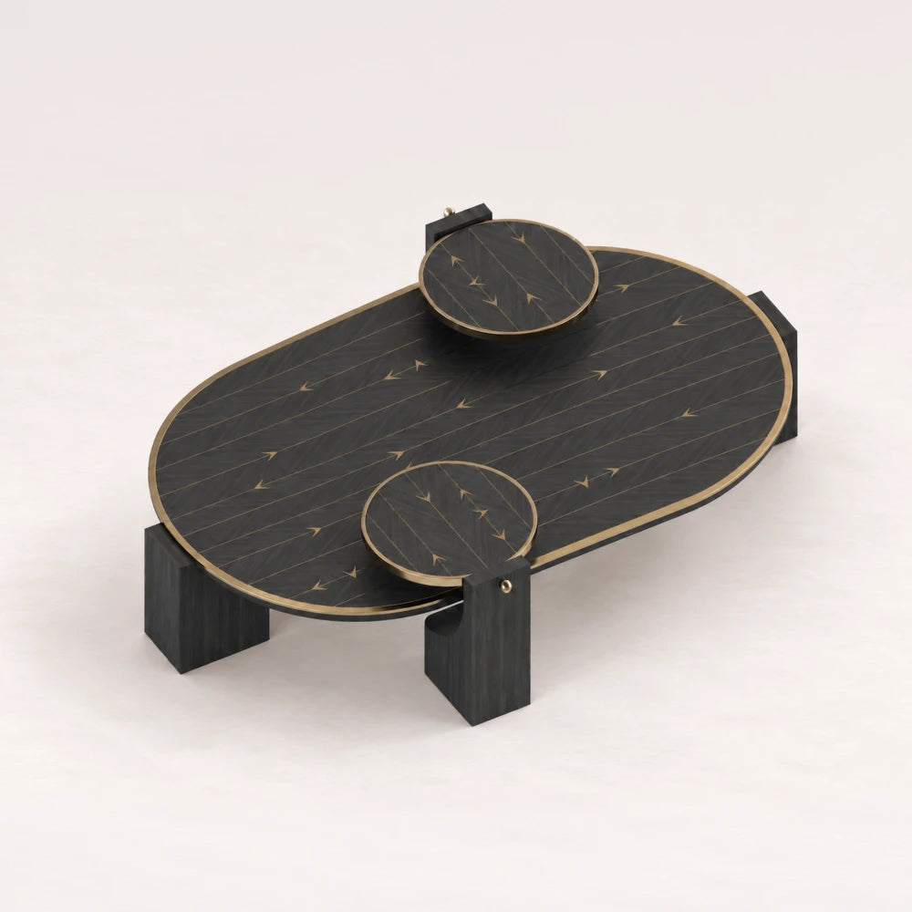 CT02 Coffee Table from the X Collection by Eva Szumilas in black wood, with an elongated rounded top, two raised circular platforms and gold-toned arrow inlays.