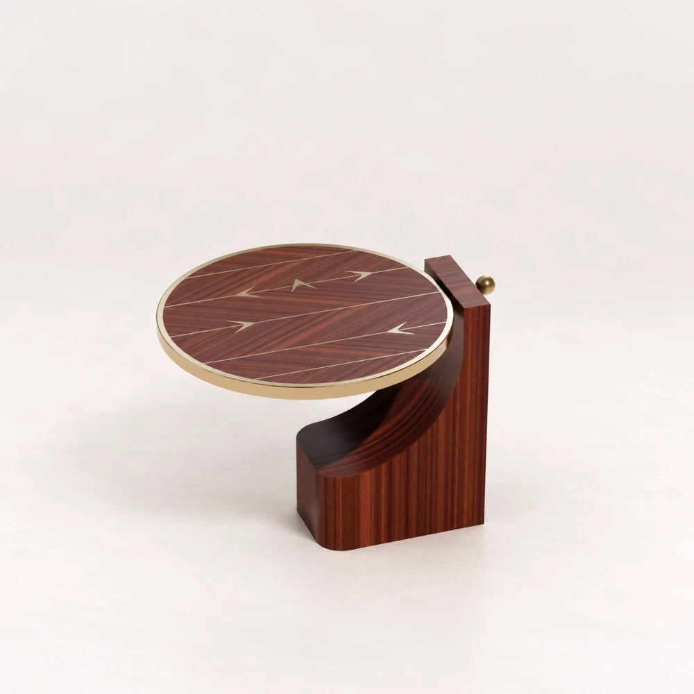 ST01 Side Table from the X Collection by Eva Szumilas in reddish wood, featuring a round top with arrow inlays and a curved supporting base.